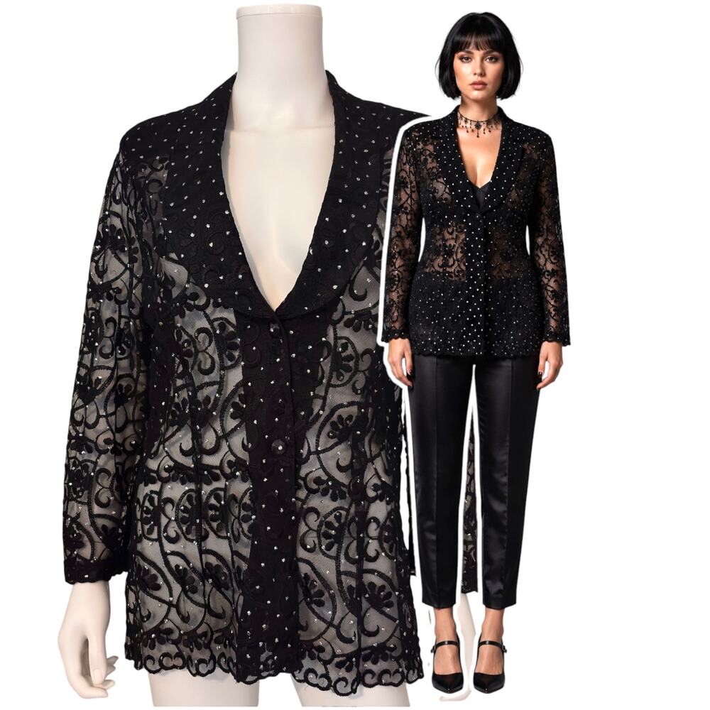 Black Sheer Lace Rhinestone Blazer Jacket Size XL Lace Dark Feminine Fairy Goth
